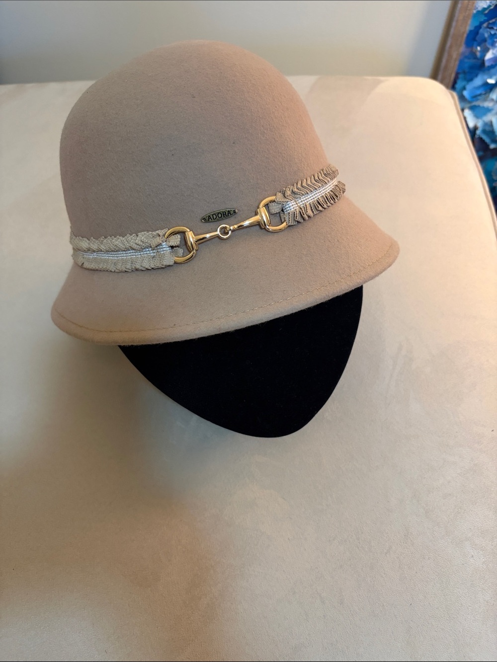 ADORA tan wool cloche hat with braided trim and gold accents